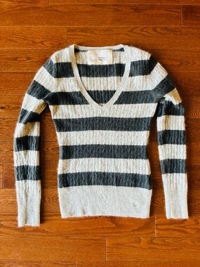 Soft Striped V-Neck Cable Knit Sweater in Shades of Gray